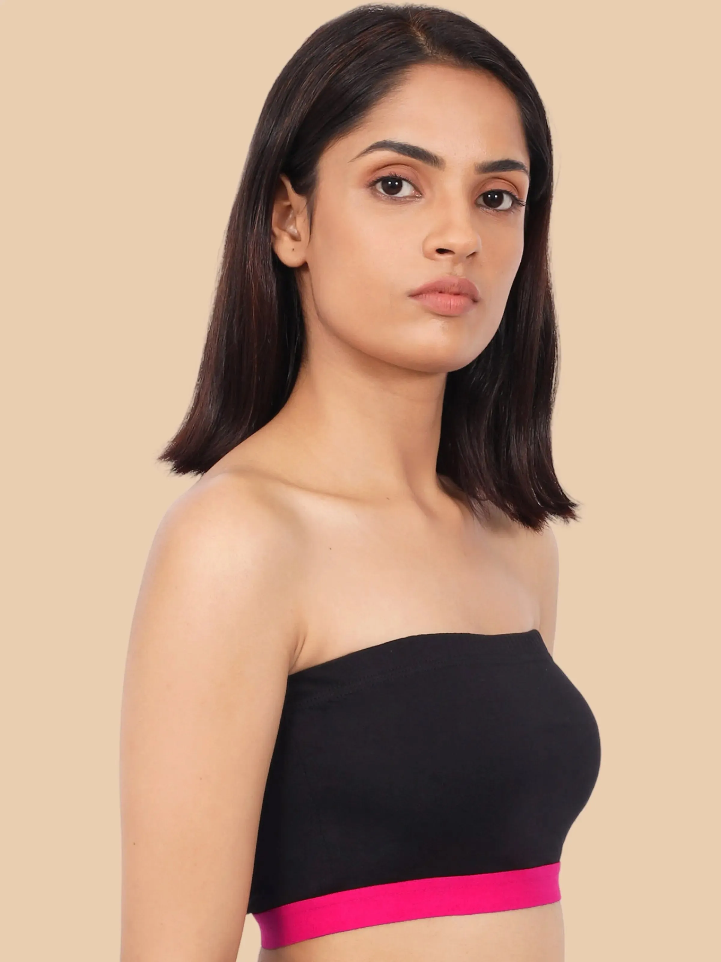 Double-layer Cotton Strapless Bra | Non Padded Bandeau | Solid Black