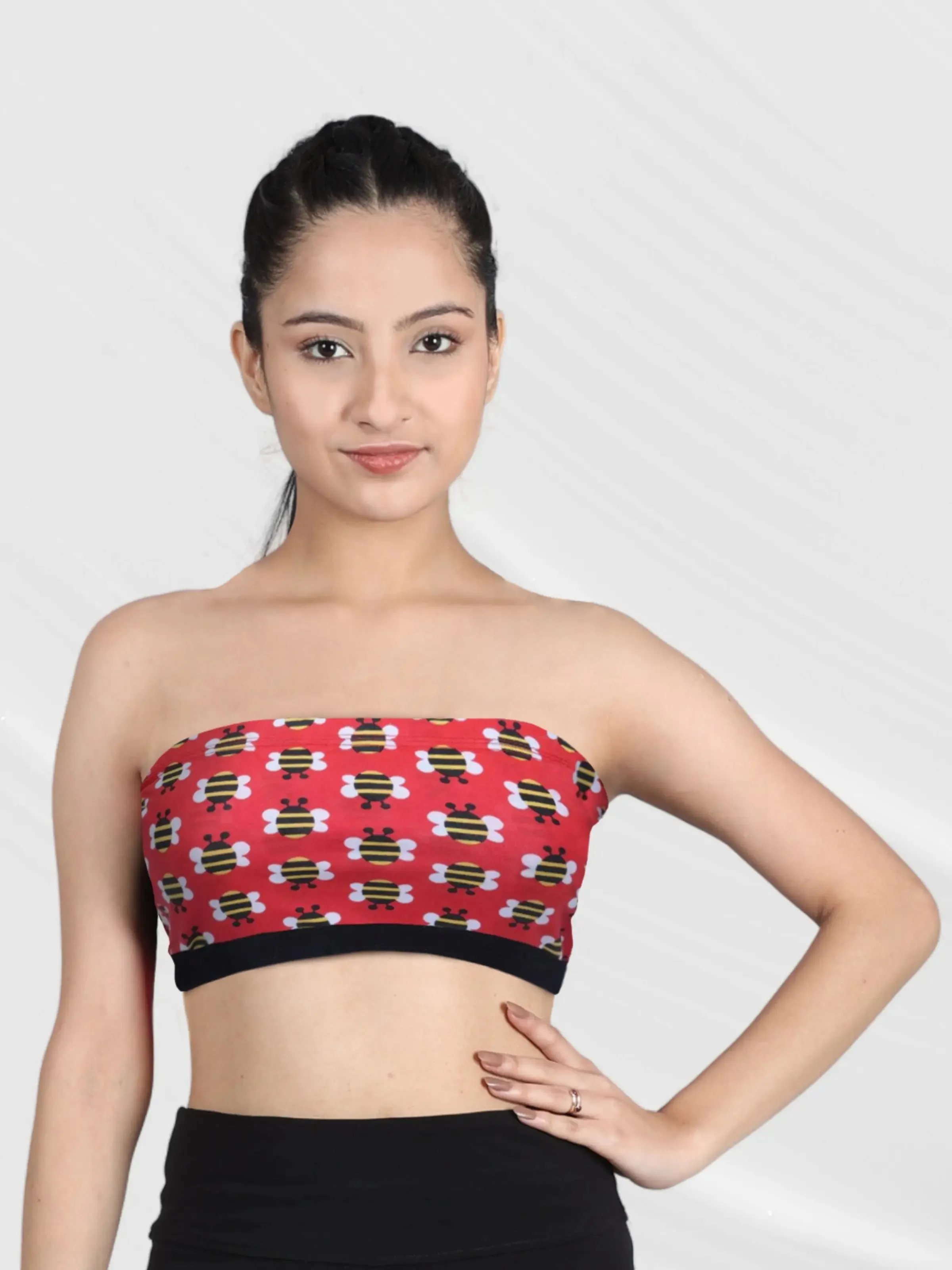 Double-Layer Cotton Tube Bra | Non-Padded Tube Top | Red Bee Print