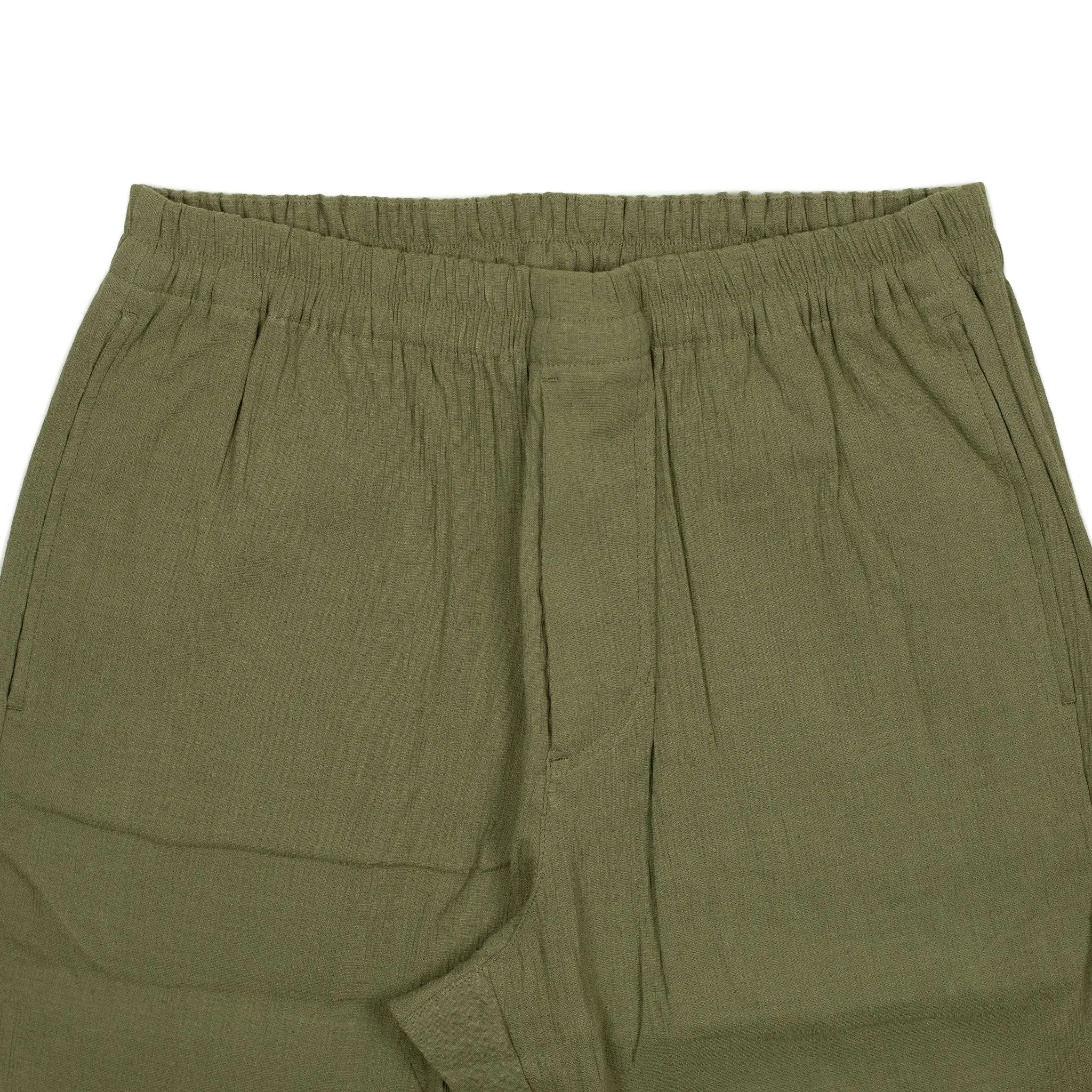 Drawstring easy pants in light olive Italian linen and rayon fabric