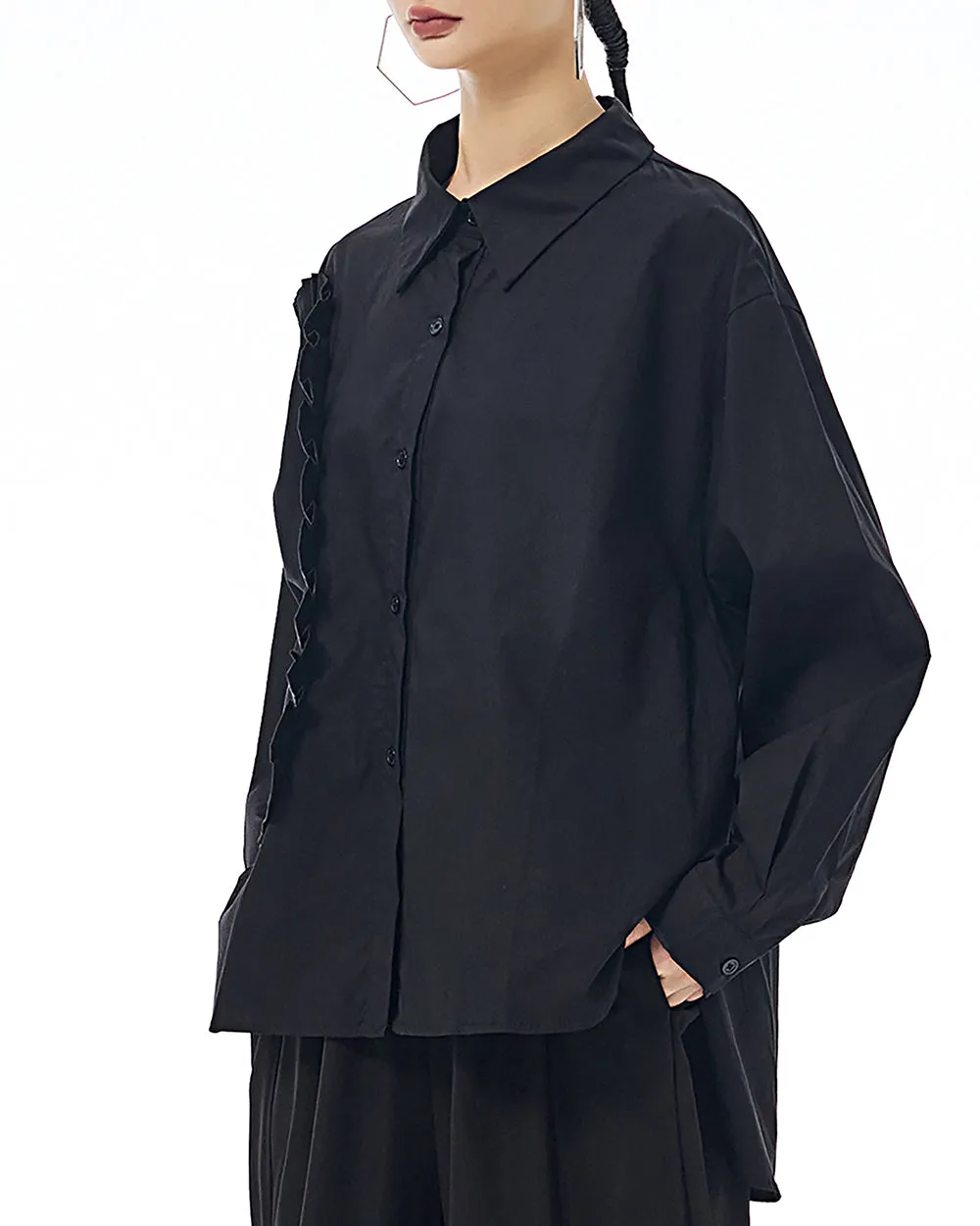 ellazhu Women's Shirt Lapel Button Down Long Sleeve Patchwork Solid Color Loose Oversize GE24