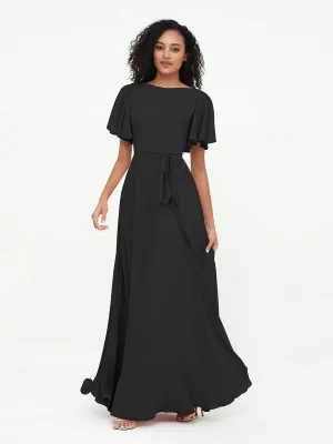 Flutter Sleeves Chiffon Max Dresses with Sash Bow-Black