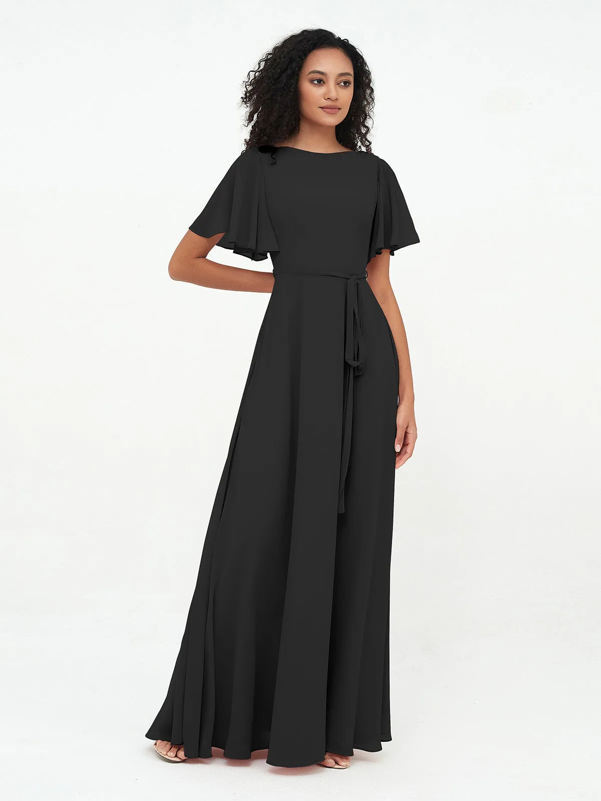 Flutter Sleeves Chiffon Max Dresses with Sash Bow-Black