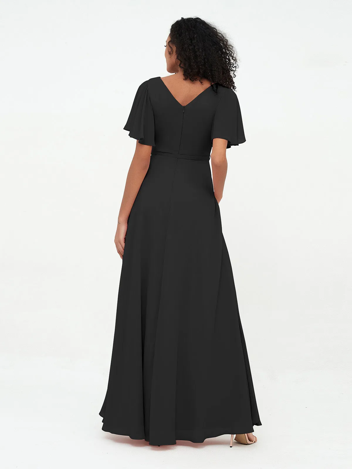 Flutter Sleeves Chiffon Max Dresses with Sash Bow-Black