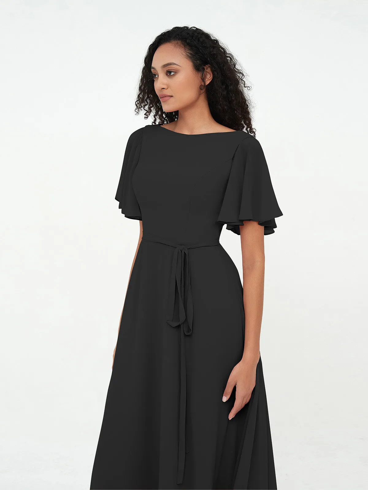 Flutter Sleeves Chiffon Max Dresses with Sash Bow-Black