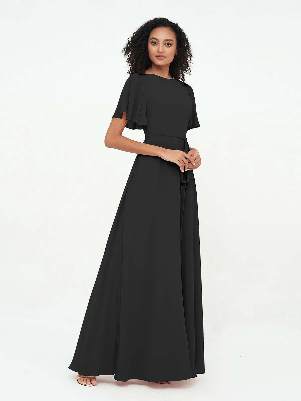 Flutter Sleeves Chiffon Max Dresses with Sash Bow-Black