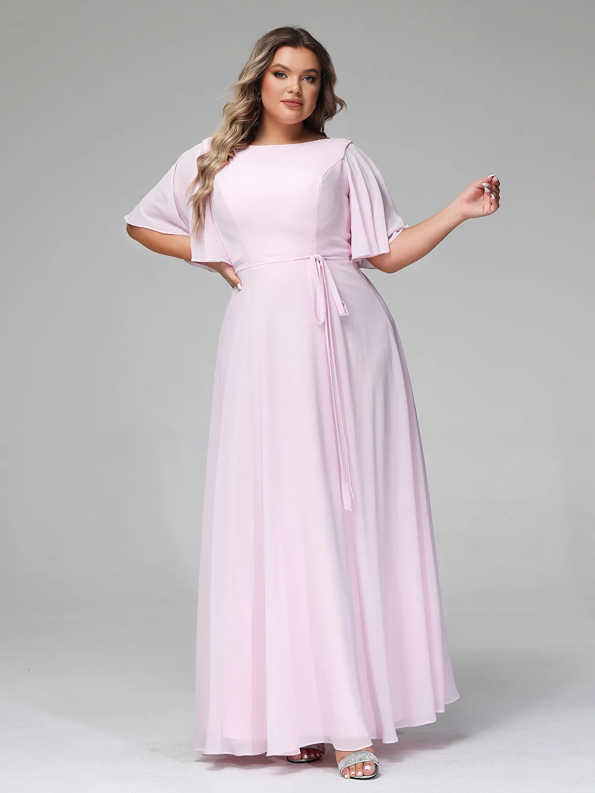 Flutter Sleeves Chiffon Max Dresses with Sash Bow-Blushing Pink Plus Size