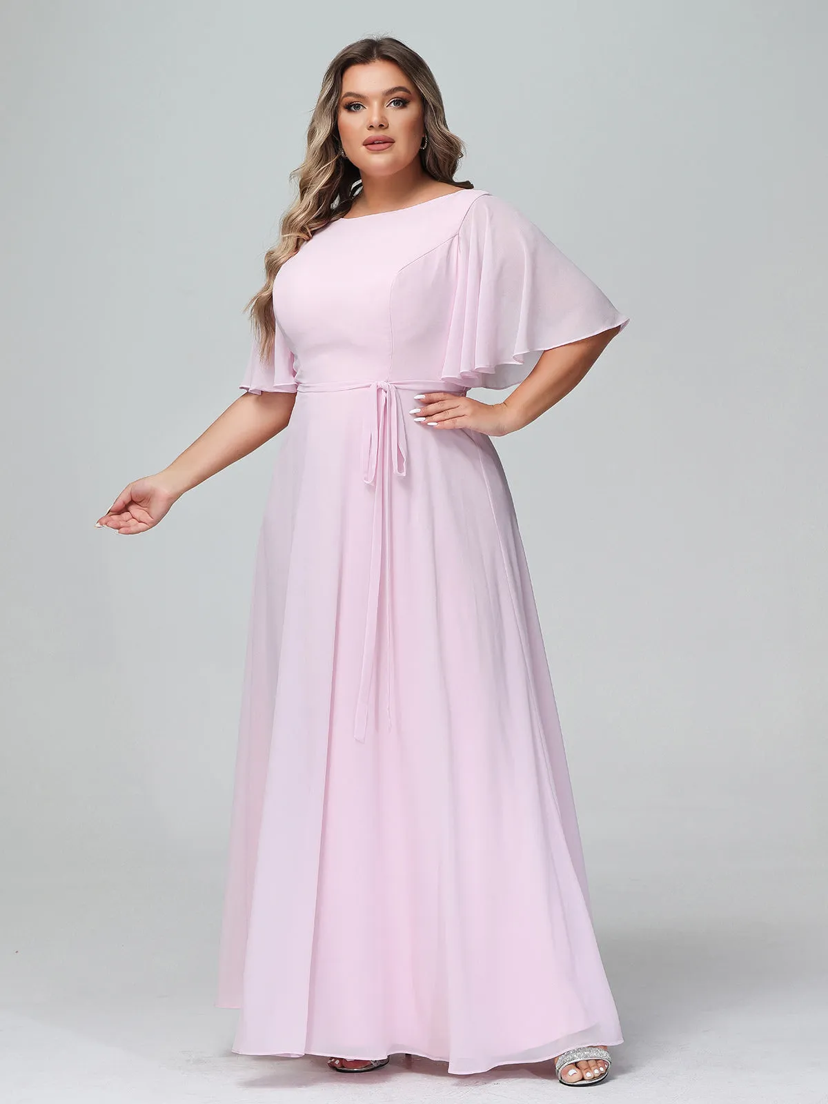 Flutter Sleeves Chiffon Max Dresses with Sash Bow-Blushing Pink Plus Size