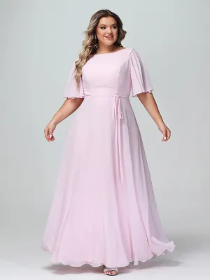 Flutter Sleeves Chiffon Max Dresses with Sash Bow-Blushing Pink Plus Size