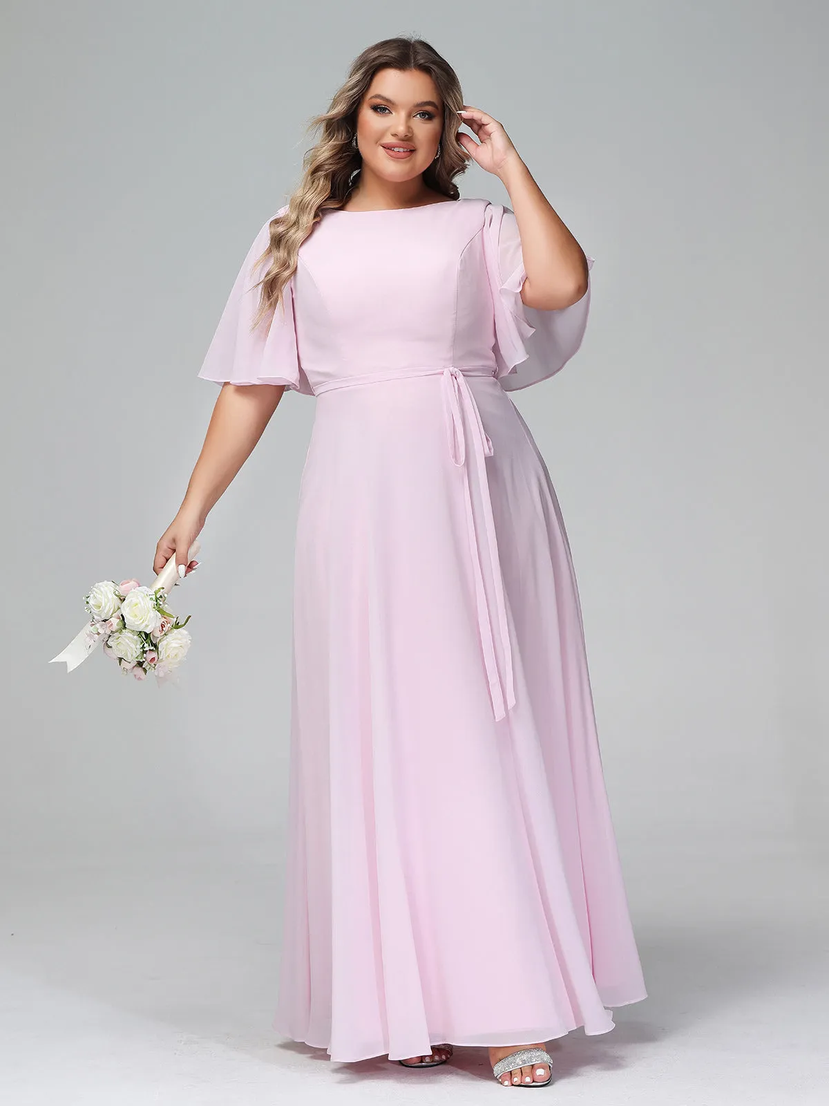 Flutter Sleeves Chiffon Max Dresses with Sash Bow-Blushing Pink Plus Size