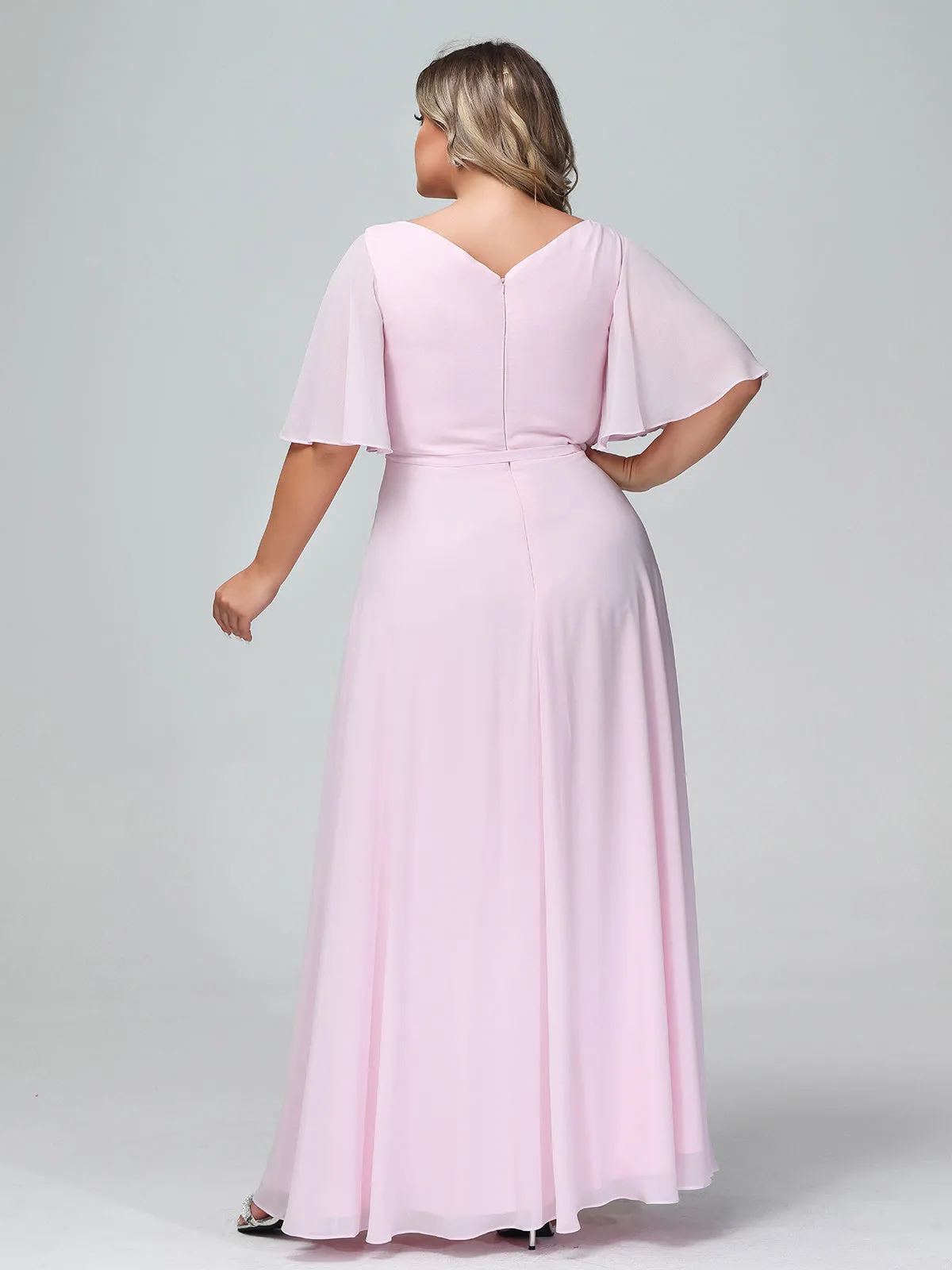 Flutter Sleeves Chiffon Max Dresses with Sash Bow-Blushing Pink Plus Size