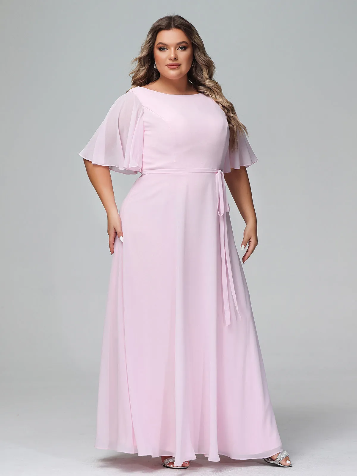 Flutter Sleeves Chiffon Max Dresses with Sash Bow-Blushing Pink Plus Size