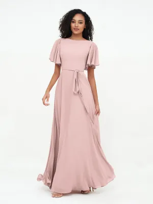 Flutter Sleeves Chiffon Max Dresses with Sash Bow-Dusty Rose