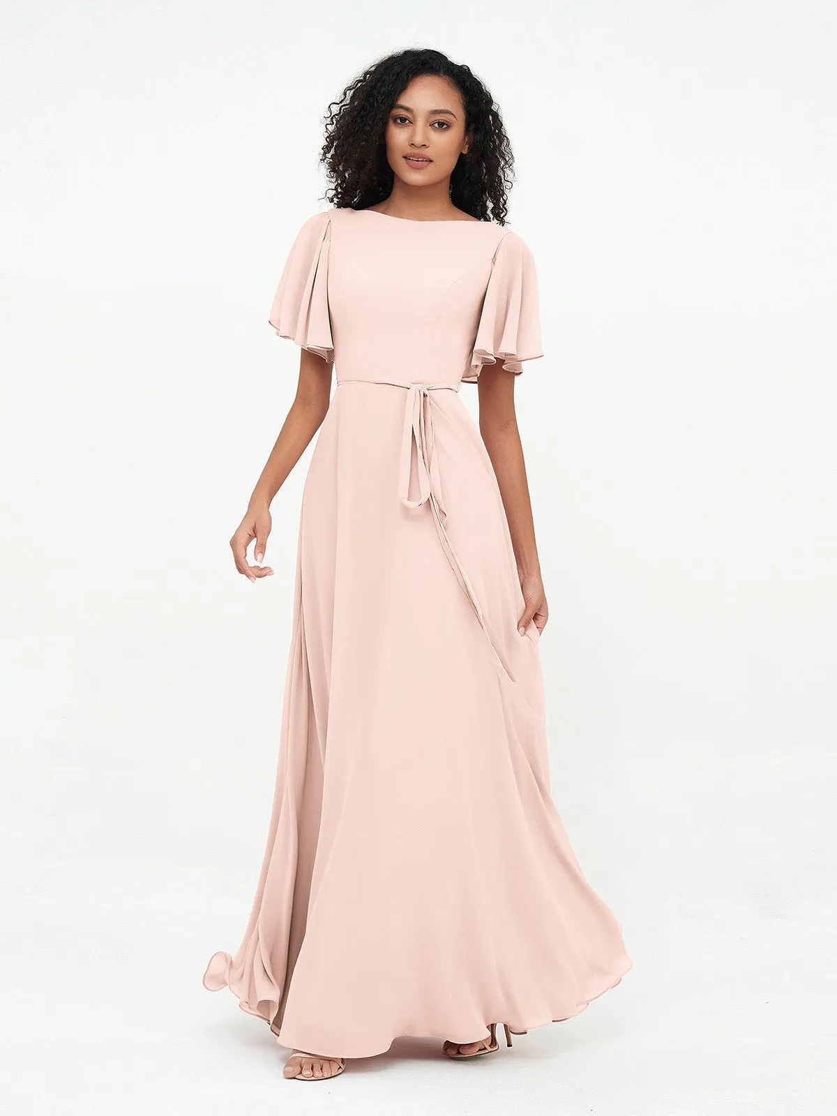 Flutter Sleeves Chiffon Max Dresses with Sash Bow-Dusty Rose