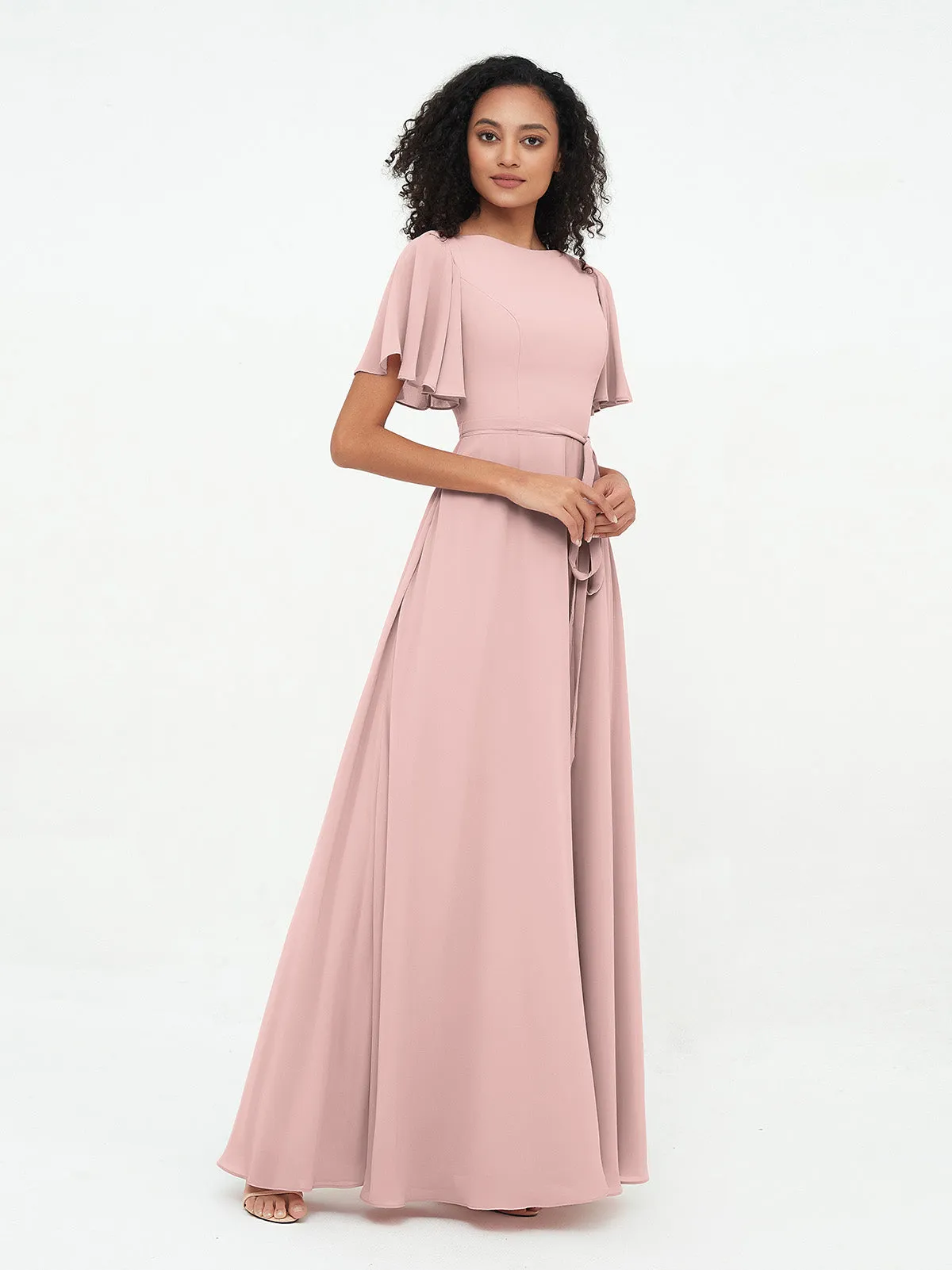 Flutter Sleeves Chiffon Max Dresses with Sash Bow-Dusty Rose