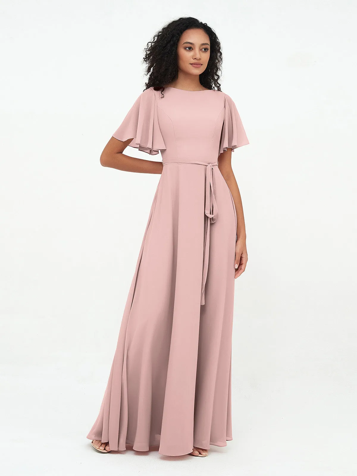 Flutter Sleeves Chiffon Max Dresses with Sash Bow-Dusty Rose