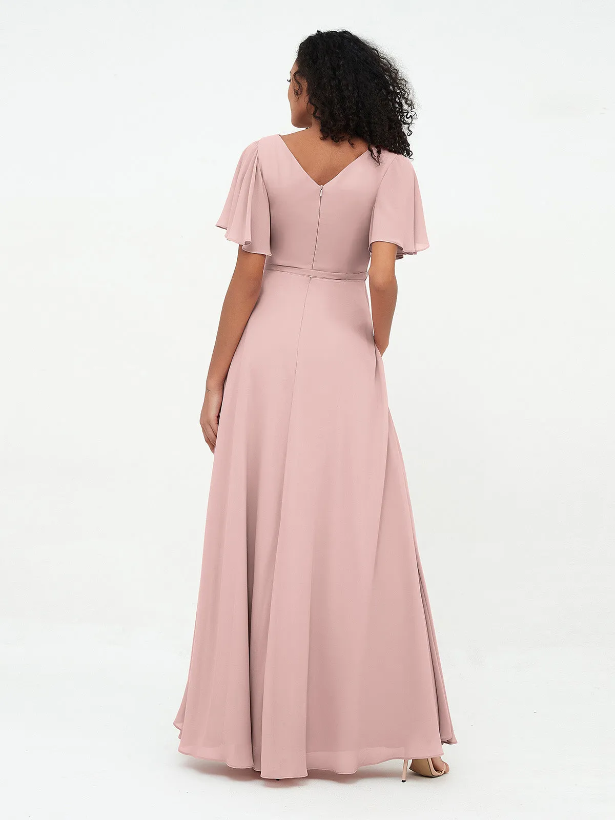 Flutter Sleeves Chiffon Max Dresses with Sash Bow-Dusty Rose