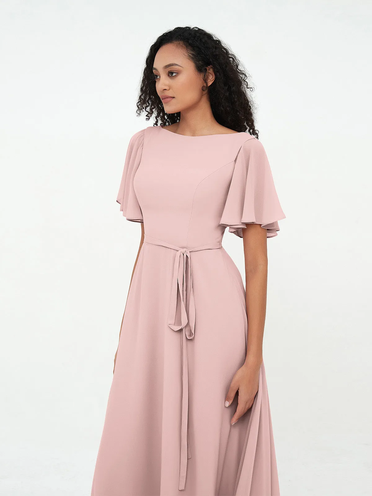 Flutter Sleeves Chiffon Max Dresses with Sash Bow-Dusty Rose