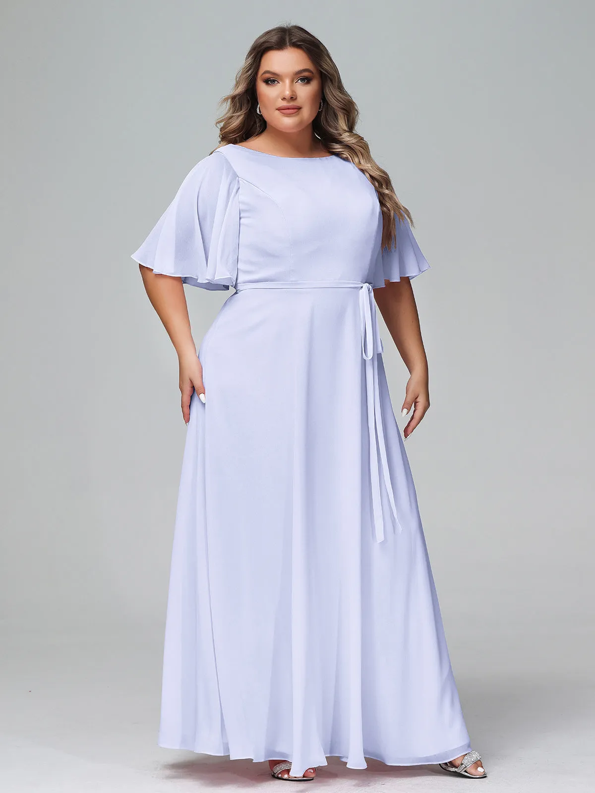 Flutter Sleeves Chiffon Max Dresses with Sash Bow-Lavender Plus Size