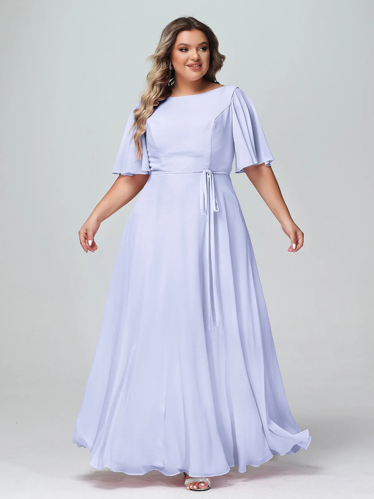 Flutter Sleeves Chiffon Max Dresses with Sash Bow-Lavender Plus Size