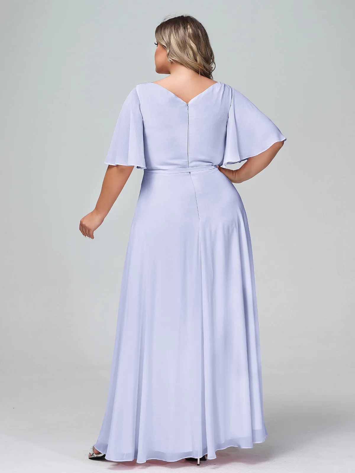 Flutter Sleeves Chiffon Max Dresses with Sash Bow-Lavender Plus Size