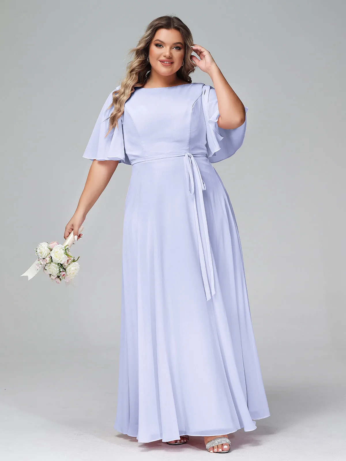 Flutter Sleeves Chiffon Max Dresses with Sash Bow-Lavender Plus Size