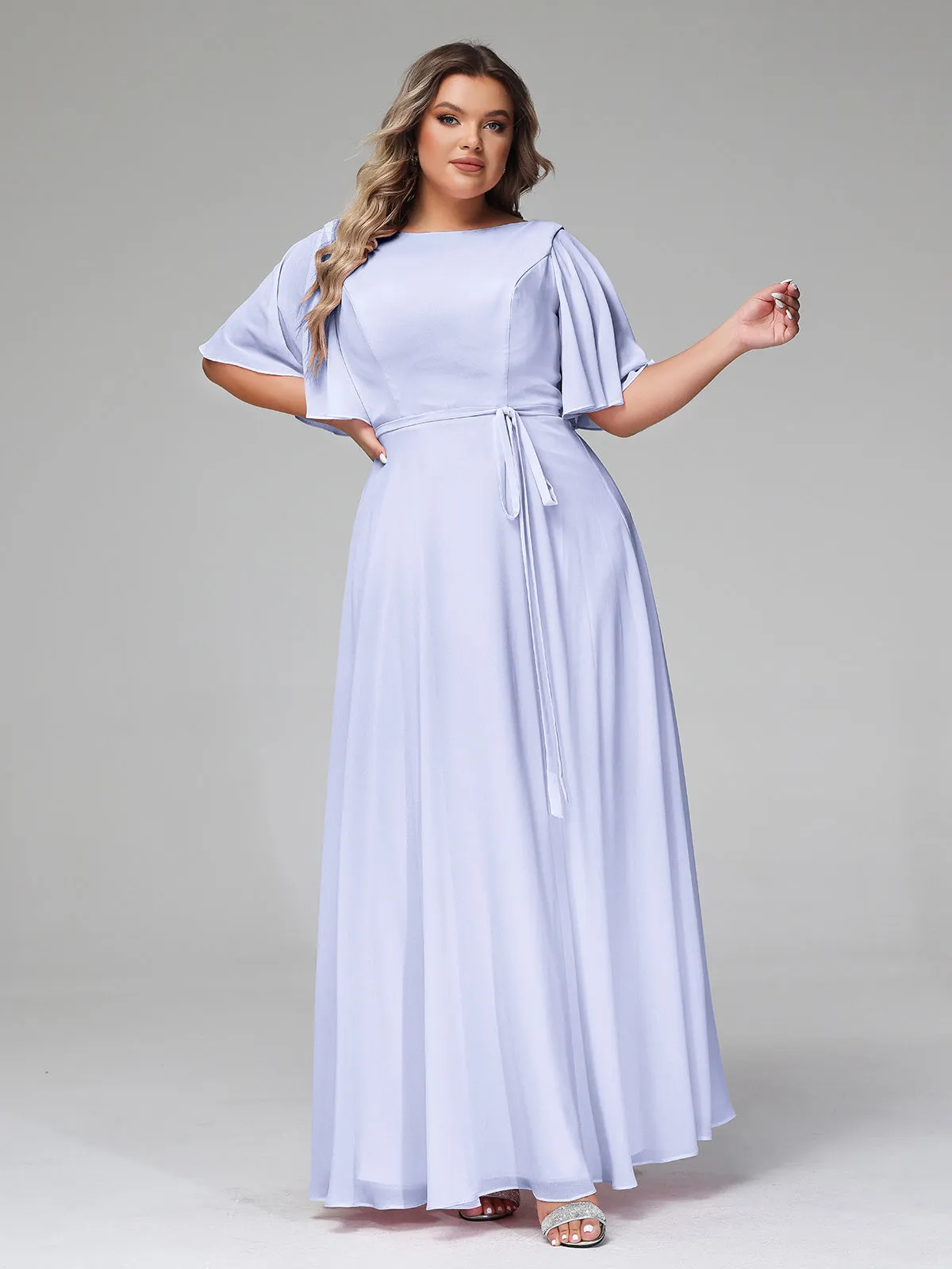 Flutter Sleeves Chiffon Max Dresses with Sash Bow-Lavender Plus Size