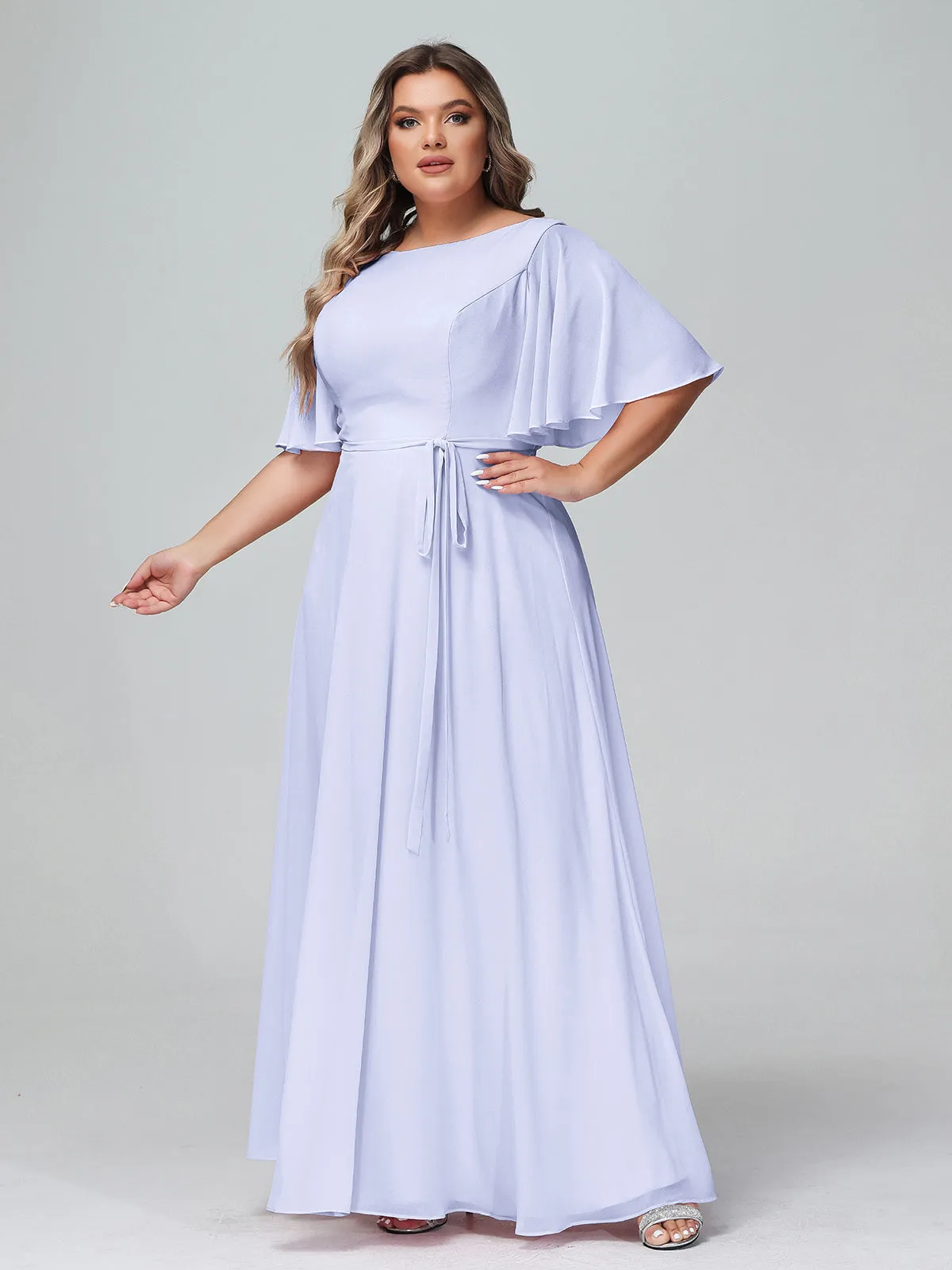 Flutter Sleeves Chiffon Max Dresses with Sash Bow-Lavender Plus Size