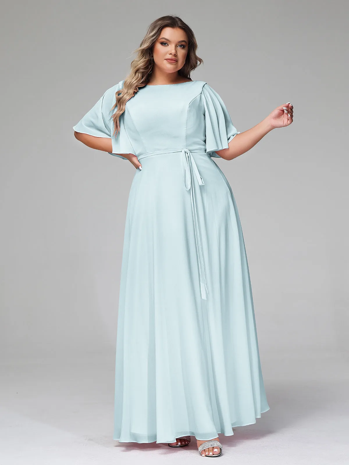 Flutter Sleeves Chiffon Max Dresses with Sash Bow-Mist Plus Size