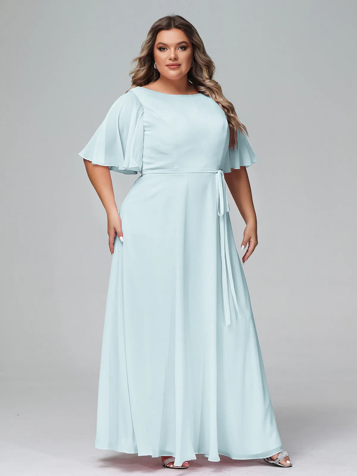 Flutter Sleeves Chiffon Max Dresses with Sash Bow-Mist Plus Size