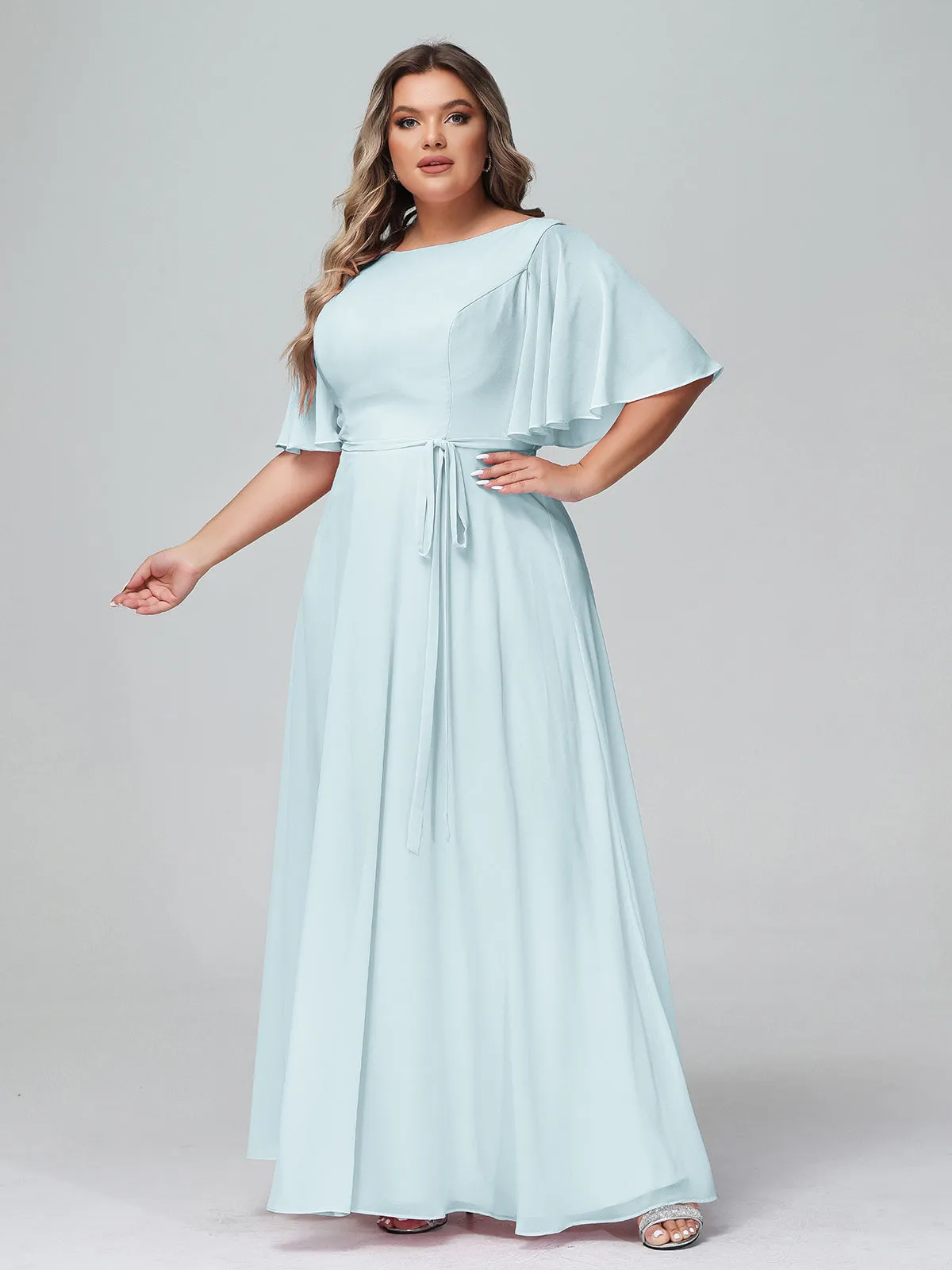 Flutter Sleeves Chiffon Max Dresses with Sash Bow-Mist Plus Size