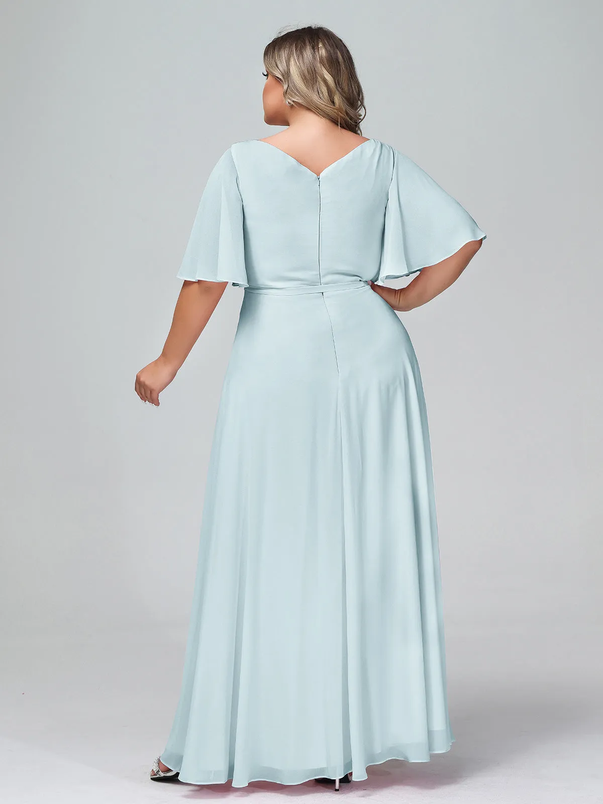 Flutter Sleeves Chiffon Max Dresses with Sash Bow-Mist Plus Size