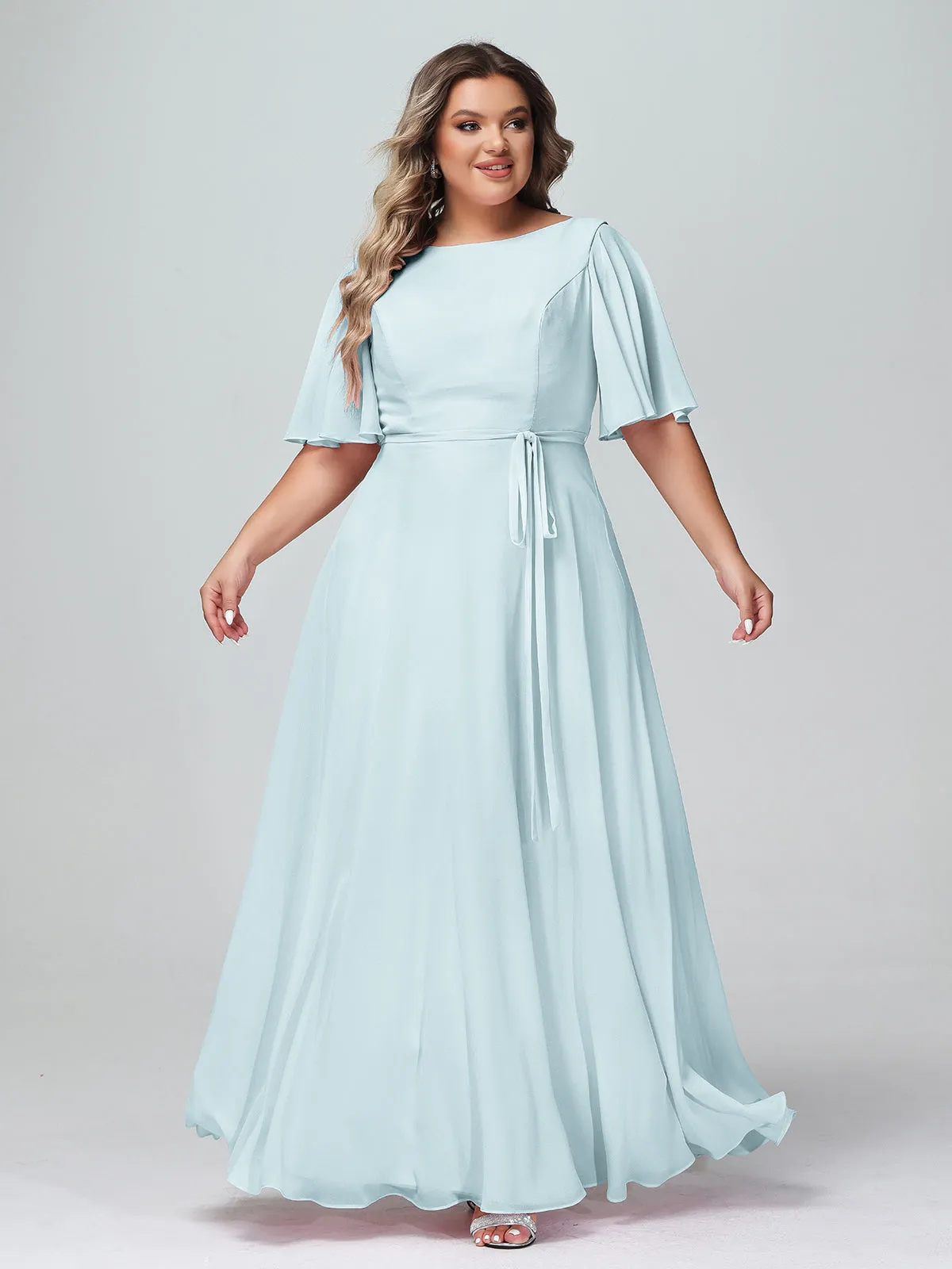 Flutter Sleeves Chiffon Max Dresses with Sash Bow-Mist Plus Size