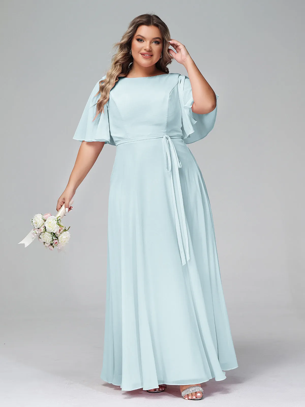 Flutter Sleeves Chiffon Max Dresses with Sash Bow-Mist Plus Size