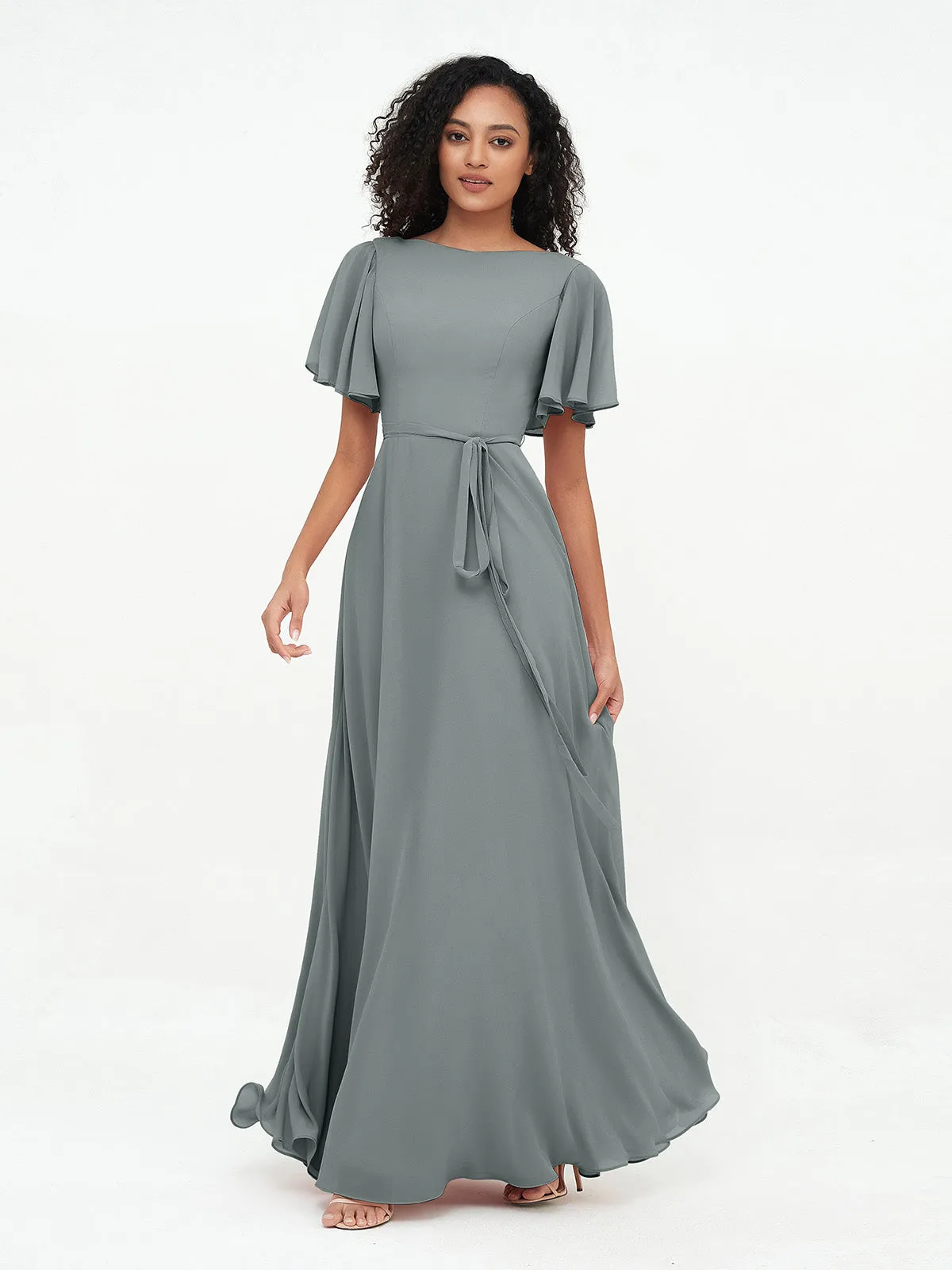 Flutter Sleeves Chiffon Max Dresses with Sash Bow-Steel Grey