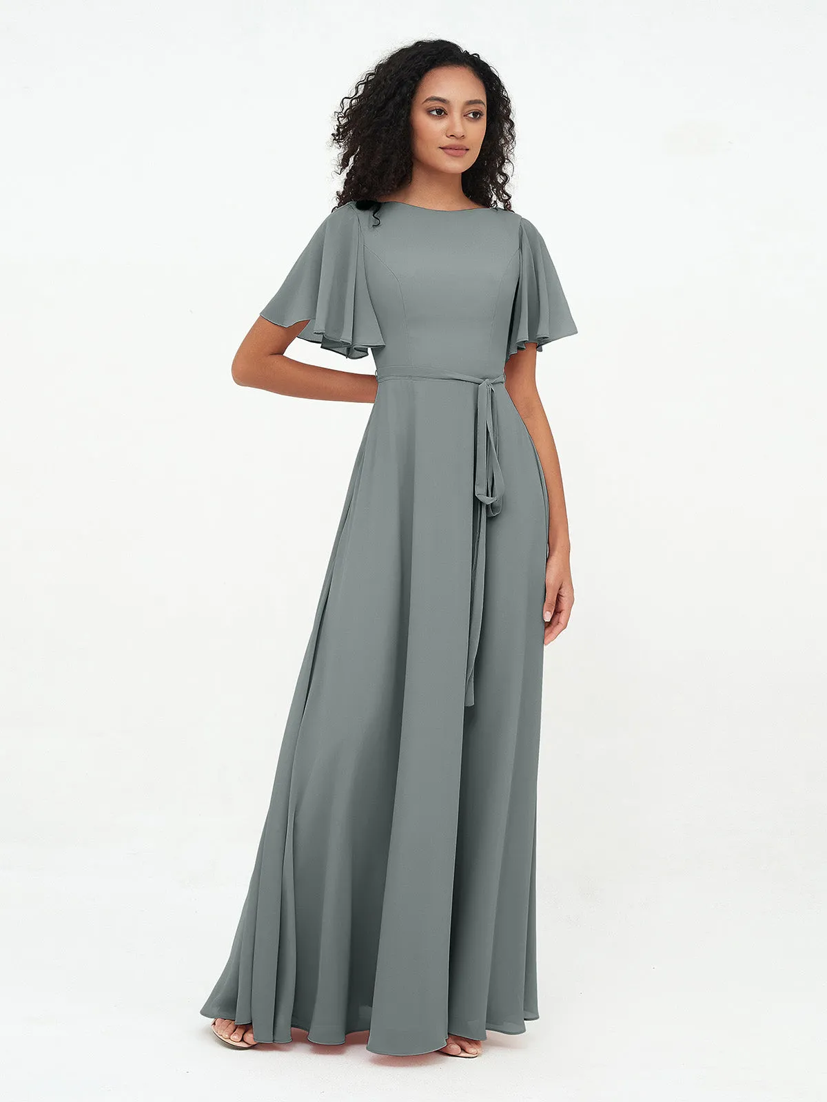 Flutter Sleeves Chiffon Max Dresses with Sash Bow-Steel Grey