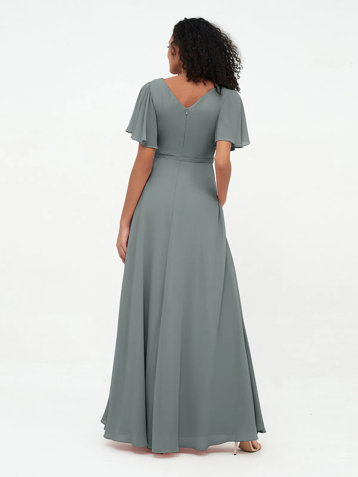 Flutter Sleeves Chiffon Max Dresses with Sash Bow-Steel Grey