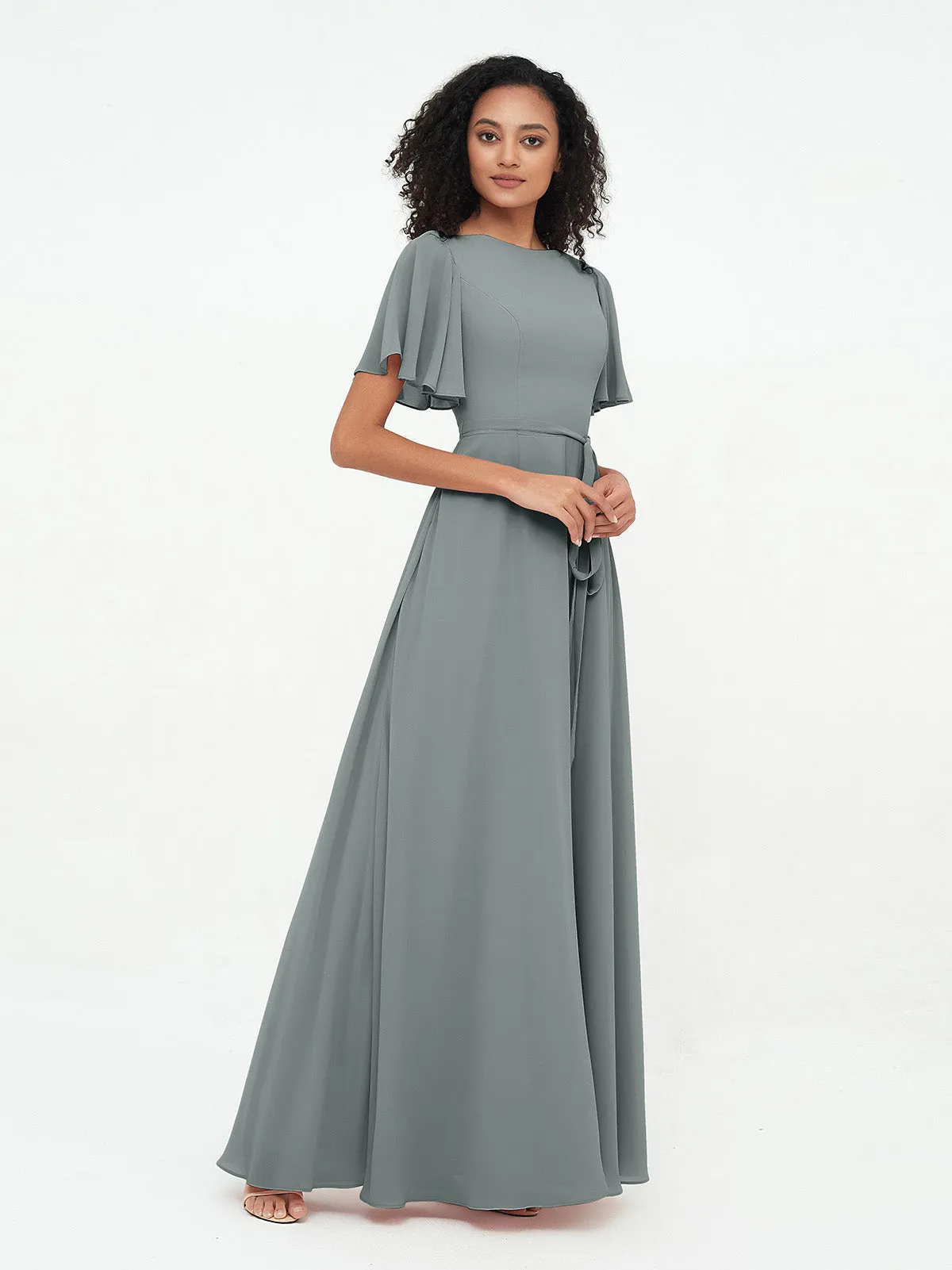 Flutter Sleeves Chiffon Max Dresses with Sash Bow-Steel Grey