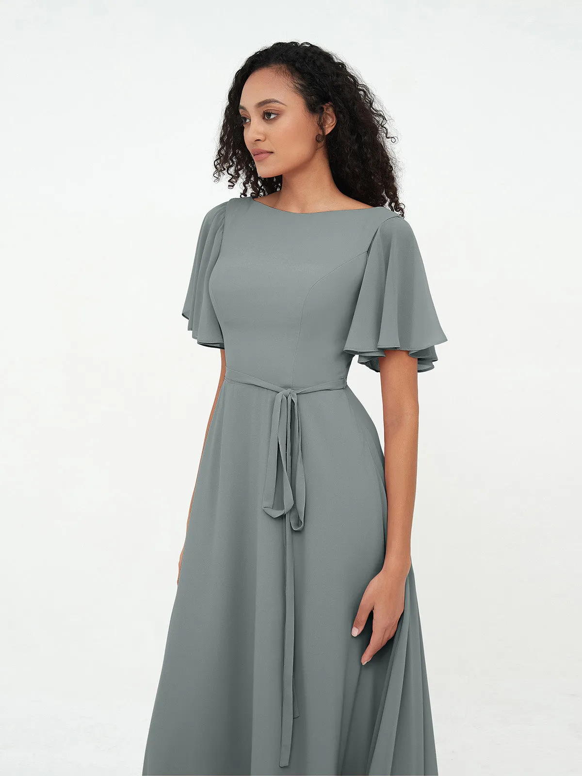 Flutter Sleeves Chiffon Max Dresses with Sash Bow-Steel Grey