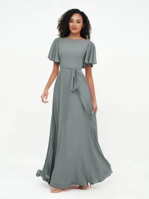 Flutter Sleeves Chiffon Max Dresses with Sash Bow-Steel Grey