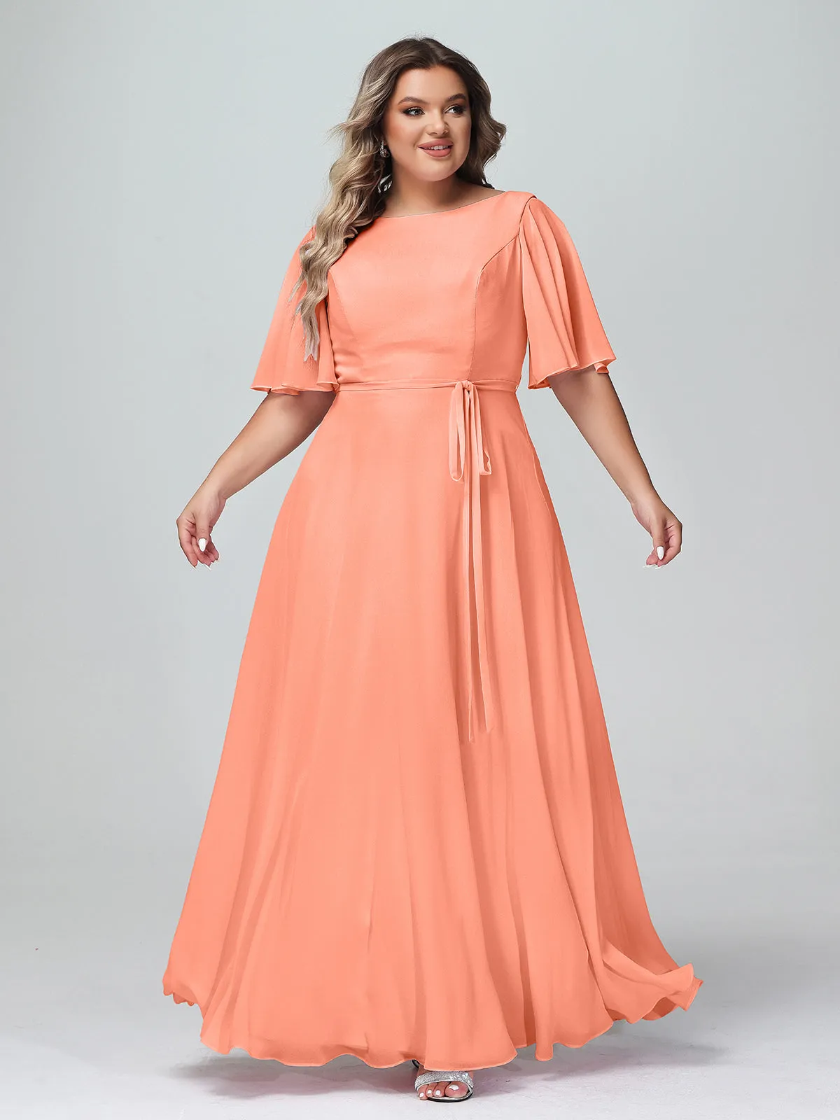 Flutter Sleeves Chiffon Max Dresses with Sash Bow-Sunset Plus Size