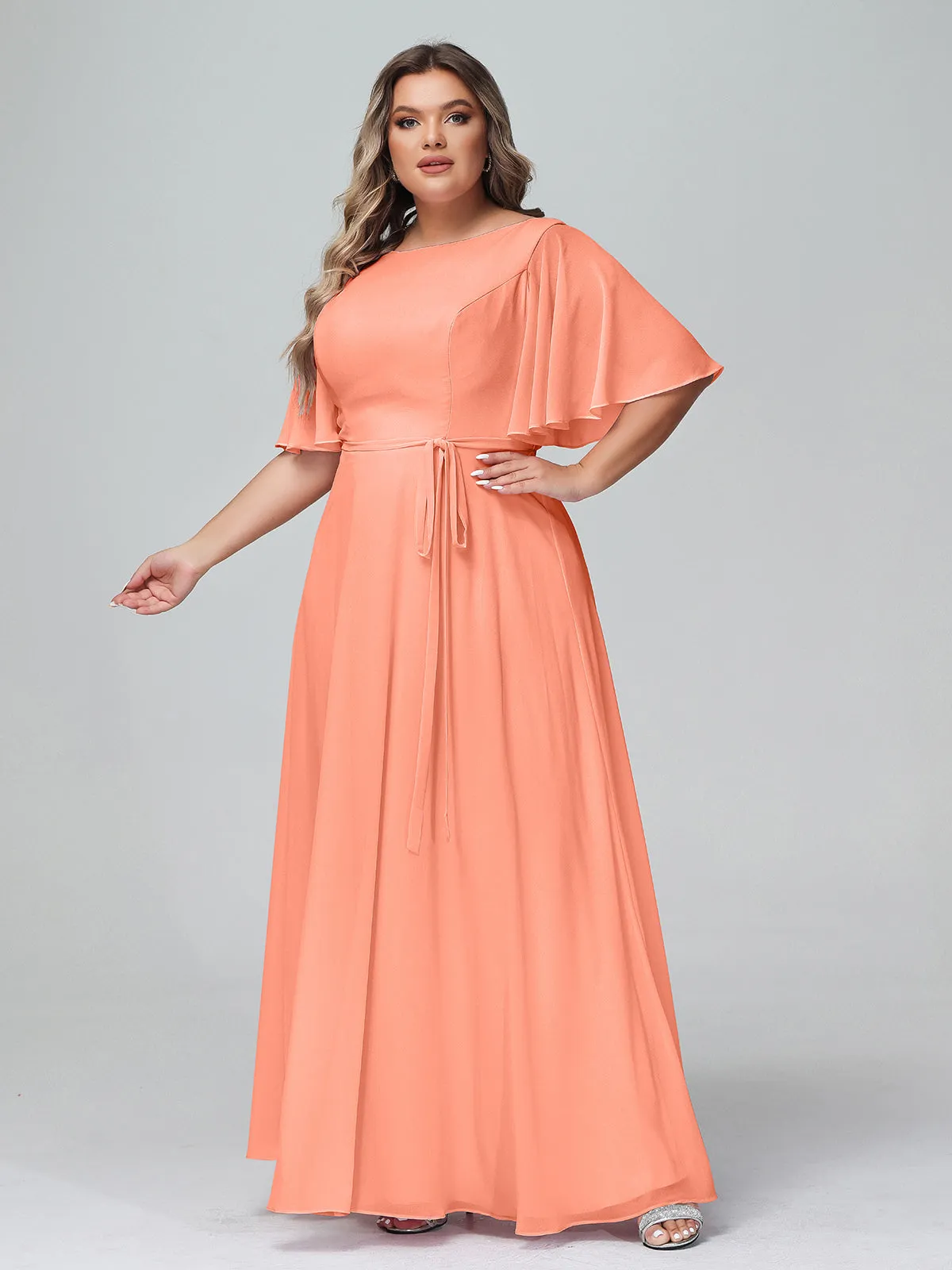 Flutter Sleeves Chiffon Max Dresses with Sash Bow-Sunset Plus Size