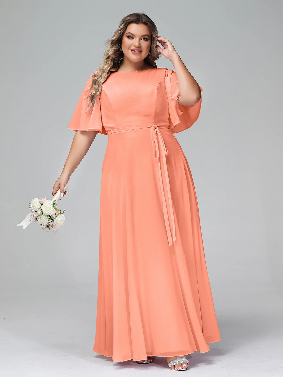 Flutter Sleeves Chiffon Max Dresses with Sash Bow-Sunset Plus Size