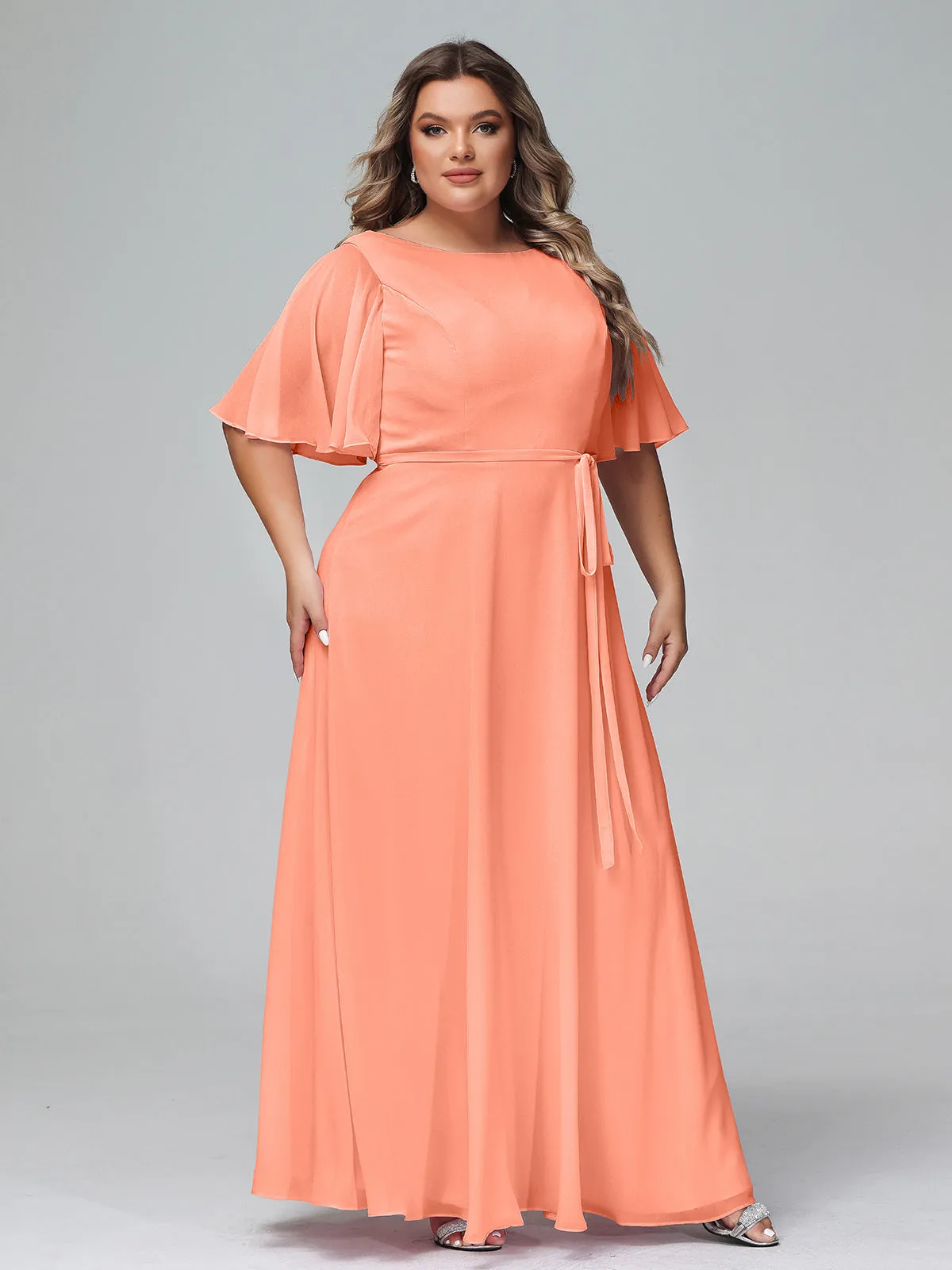 Flutter Sleeves Chiffon Max Dresses with Sash Bow-Sunset Plus Size