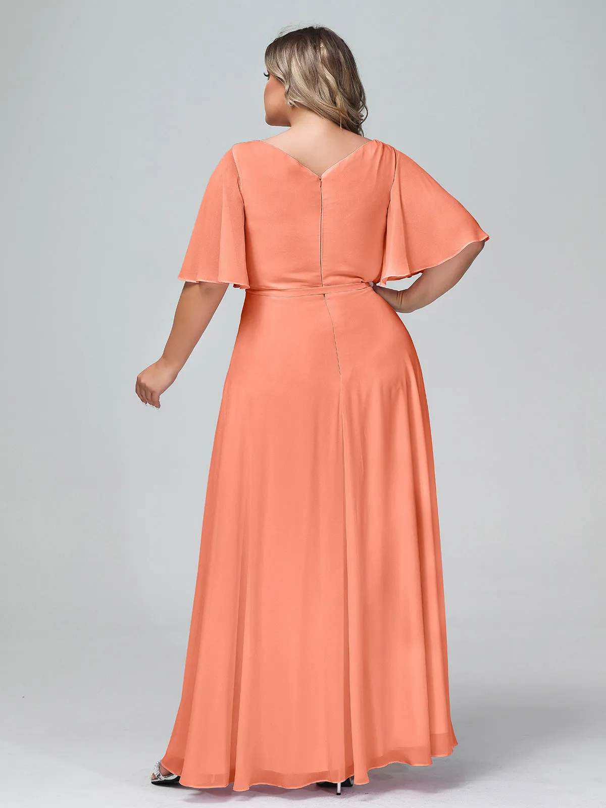 Flutter Sleeves Chiffon Max Dresses with Sash Bow-Sunset Plus Size