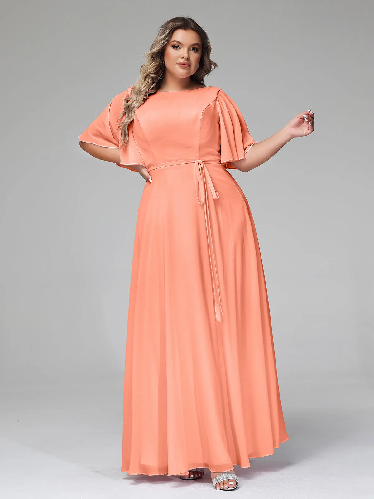 Flutter Sleeves Chiffon Max Dresses with Sash Bow-Sunset Plus Size