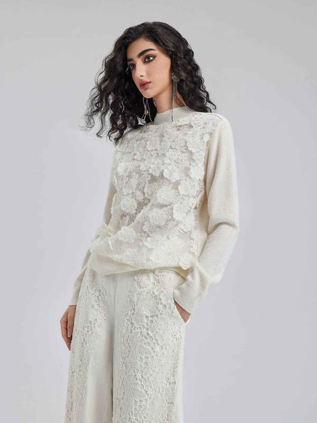 French 3D Lace Patchwork Italian Wool Top