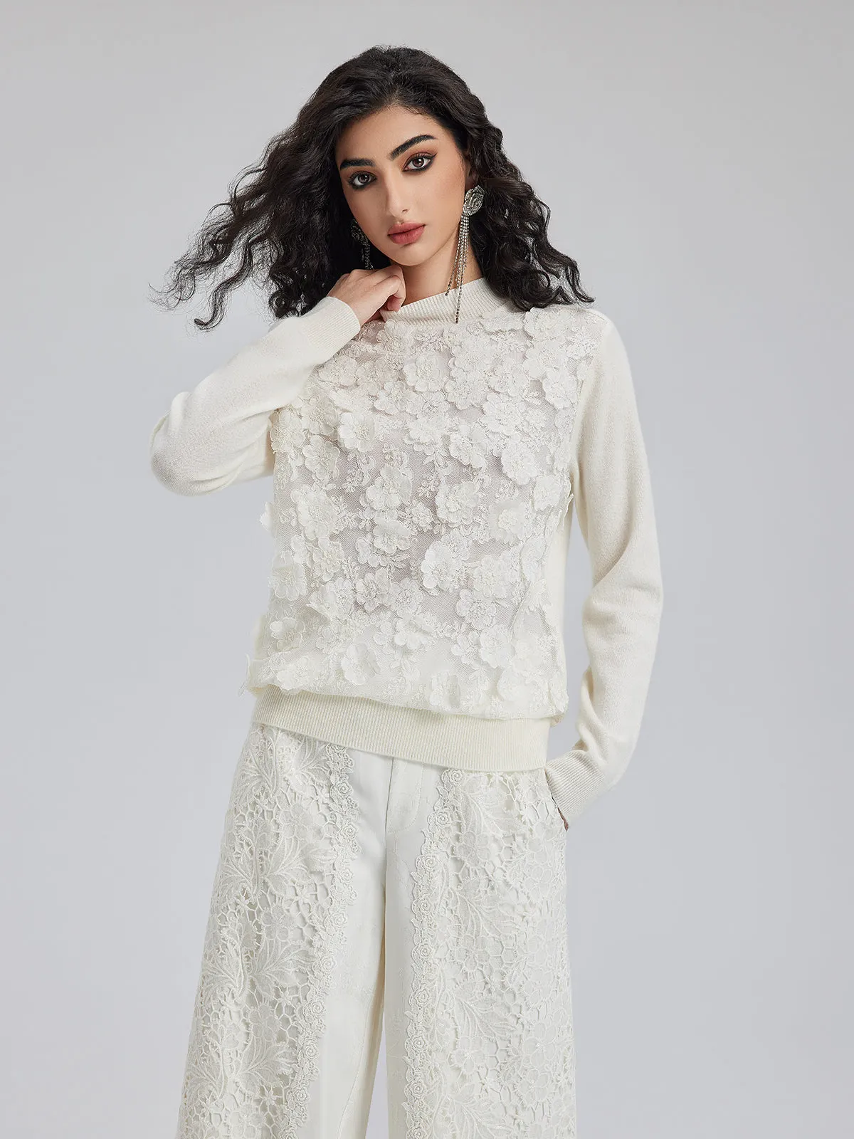 French 3D Lace Patchwork Italian Wool Top