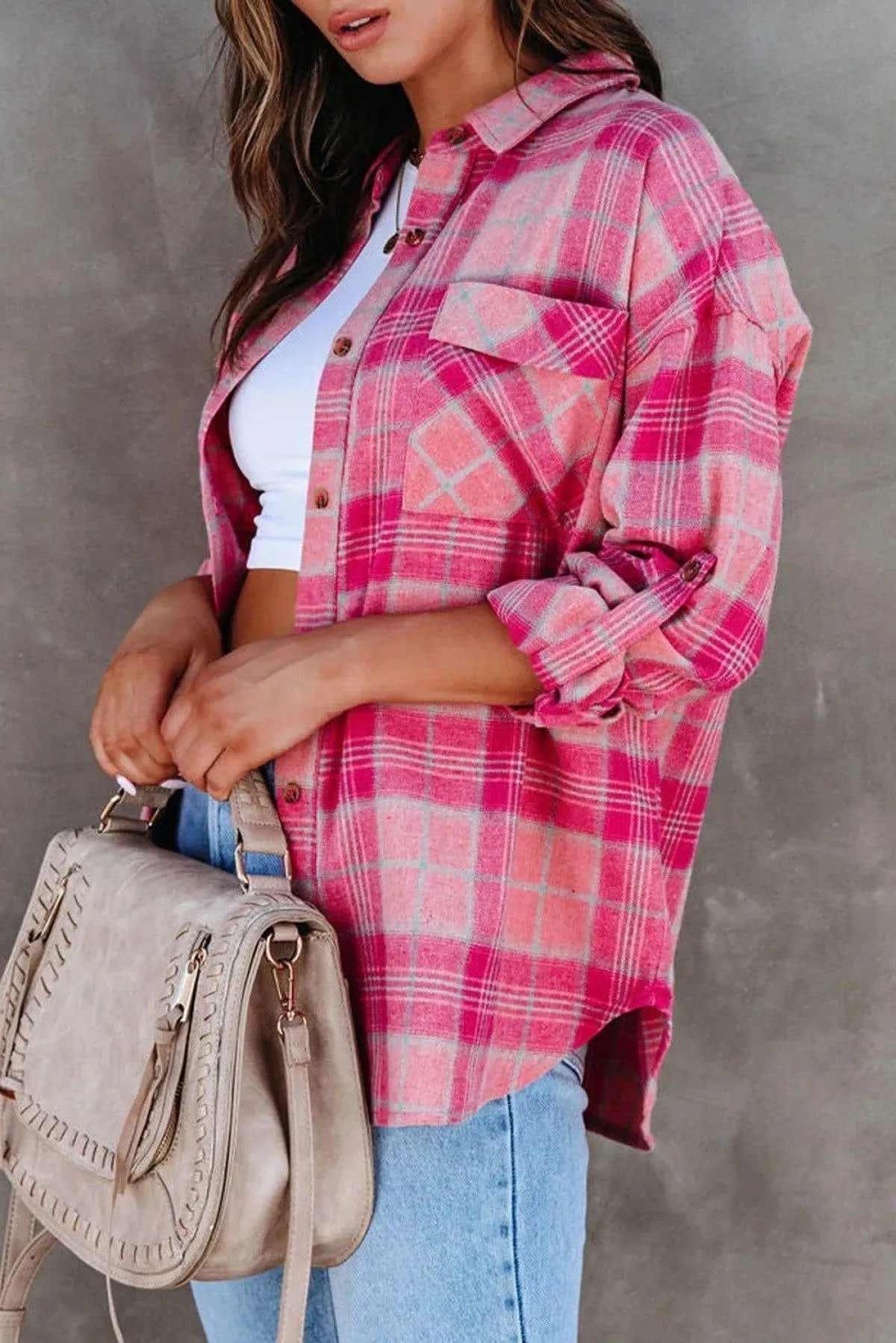 French Style Plaid Button Up Shirt Pink