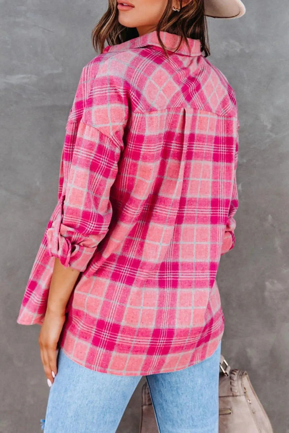 French Style Plaid Button Up Shirt Pink