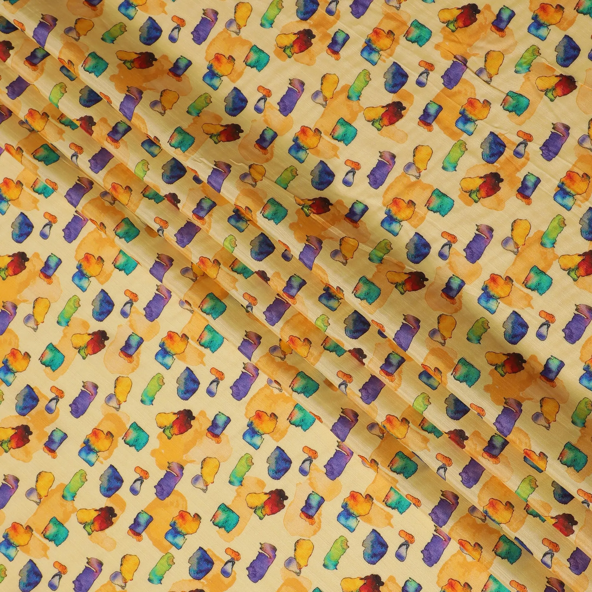 Golden Yellow and Multicolor Abstract Viscose Modal Satin Fabric - 110 cm Width-D19987